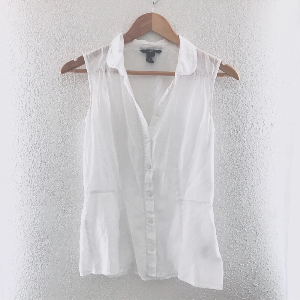 H&M Sheer Peplum Button Up White Blouse Collar Top